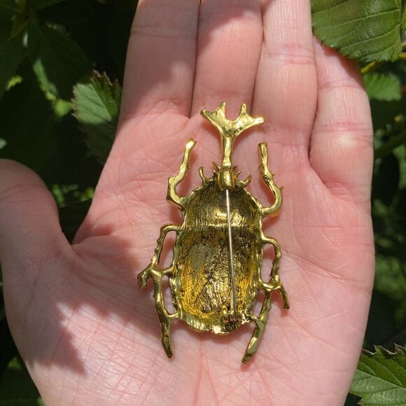 Vintage Inspired Beetle Brooch, Rhinestone Accent, Gold Tone, Statement … - Picture 6 of 6